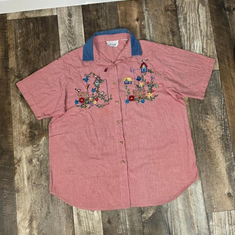 VNT Birdhouse Embroidered Gingham Shirt Cottagecore Garden Floral Button Plus SZ